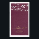 Gold Burgundy String Lights Lettering Cheers Napkin<br><div class="desc">Add stylish detail to your special day with this custom party napkin. This design features elegant script lettering " Cheers" with string lights. You can personalize the text for any event or party. Matching invitations and party supplies are available in my shop BaraBomDesign.</div>