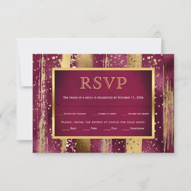 Gold, burgundy strokes, confetti wedding RSVP card (Front)
