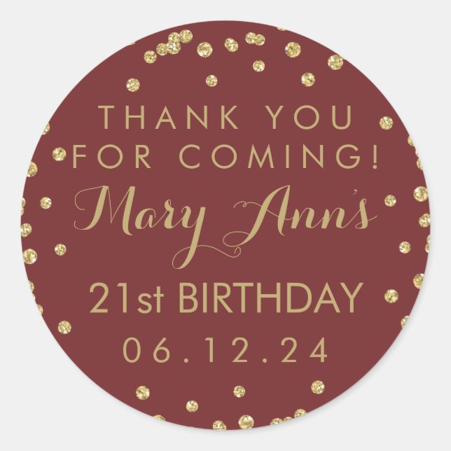 Gold Burgundy Thank You 21st Birthday Confetti Classic Round Sticker (Front)