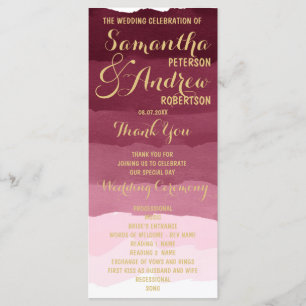 Gold burgundy watercolor ombre Wedding Program