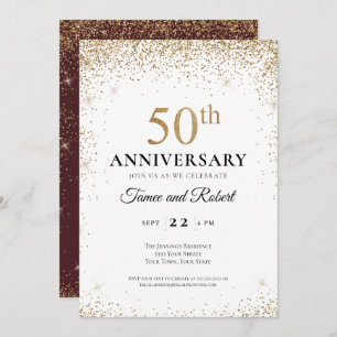 Gold Burgundy White 50th Wedding Anniversary Invitation