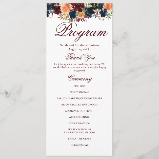 Gold Burgundy Wine Navy Floral Wedding Programs (Front)