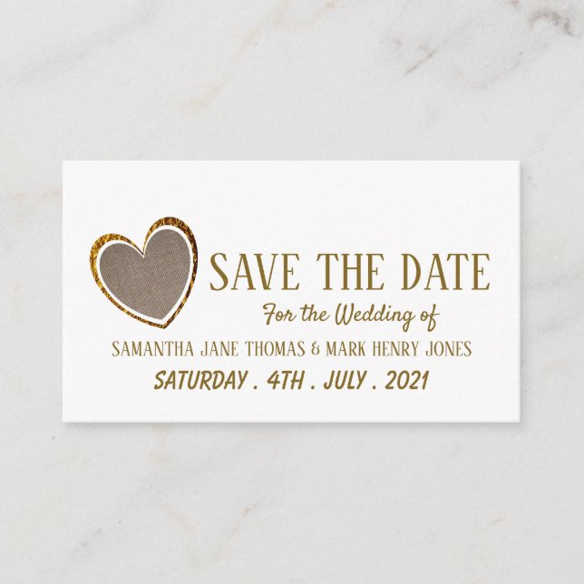 Gold Burlap Heart, Save the Date Enclosure Card (Front)