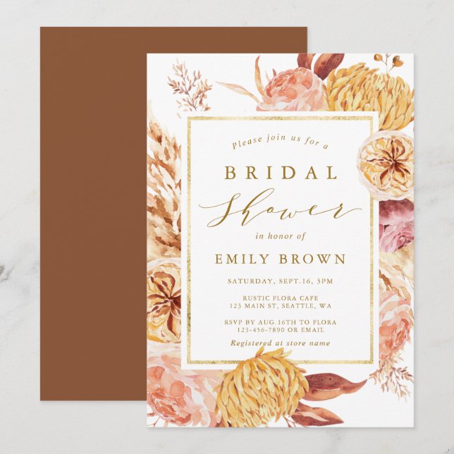 Gold Burnt Orange Terracotta Flower Bridal Shower  Invitation (Front/Back)