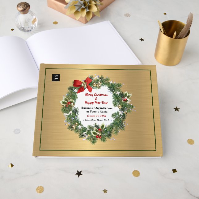 Gold Business Logo Family Christmas Party Custom Guest Book (Front Open)