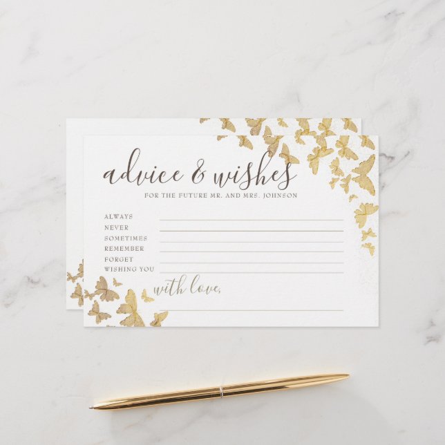 Gold Butterflies Advice for Mr Mrs Bridal Shower Stationery (Front/Back In Situ)