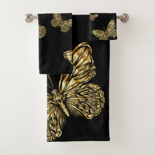 Gold butterflies at black, decorative pattern cute bath towel set