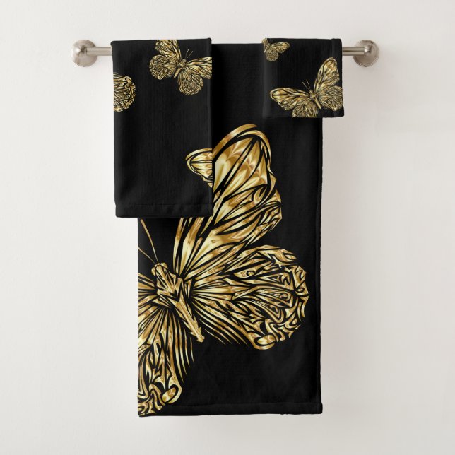 Gold butterflies at black, decorative pattern cute bath towel set (Insitu)