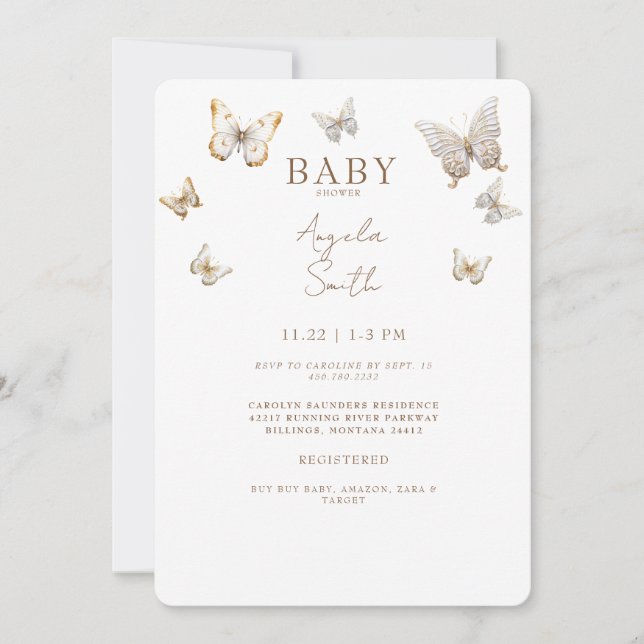 Gold Butterflies Baby Girl Shower Invitation (Front)
