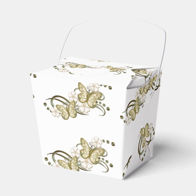 Gold Butterflies Floral Pattern Take Out Favour Bo Favor Box (Front Side)
