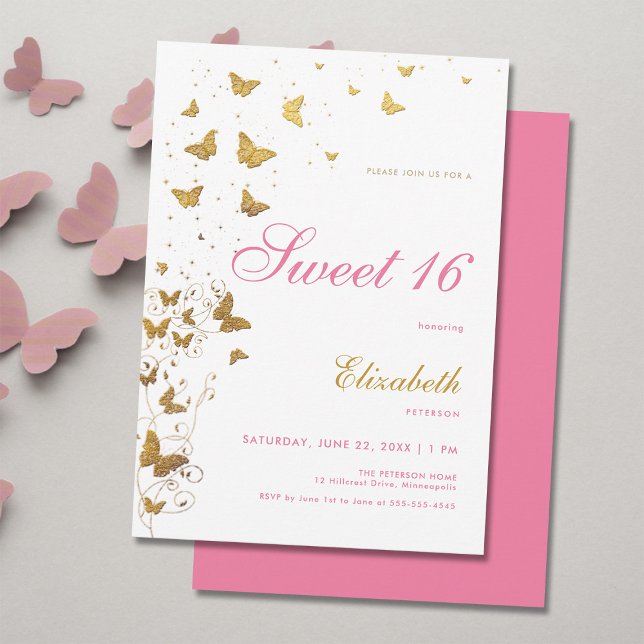Gold Butterflies Garden Elegant Pink Girl Sweet 16 Invitation (elegant sweet 16 girls birthday party invitation gold butterflies garden classy stylish boho chic)