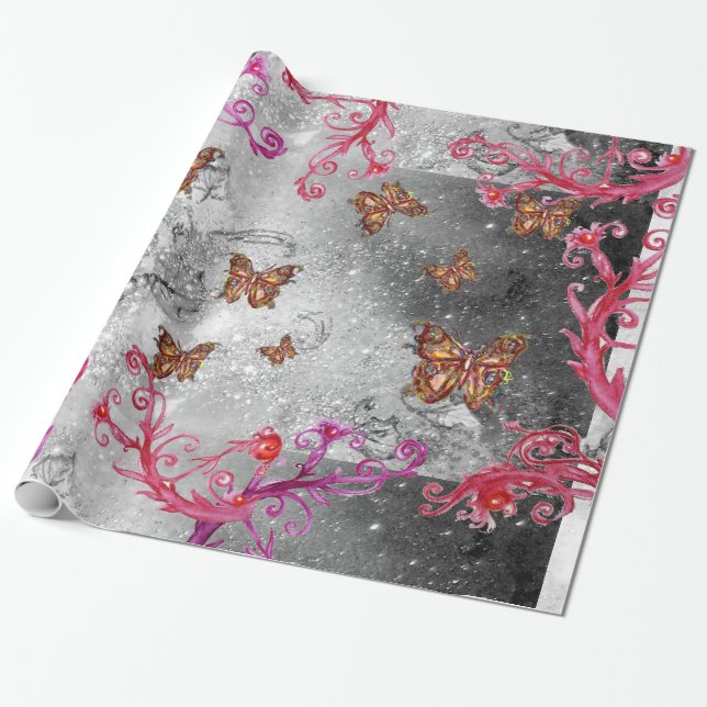 GOLD BUTTERFLIES IN BLACK WHITE SILVER SPARKLES WRAPPING PAPER (Unrolled)