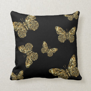 Gold butterflies pattern at black, decorative throw pillow