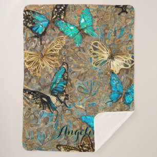 Gold Butterflies Personalized Name Sherpa Blanket