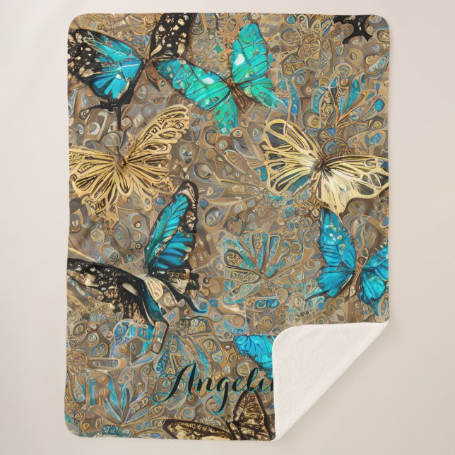Gold Butterflies Personalized Name Sherpa Blanket (Front)