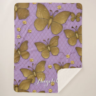Gold Butterflies Personalized Name Sherpa Blanket