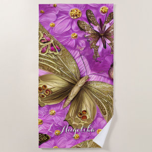 Gold Butterflies Pink Flowers Personalized Name Beach Towel