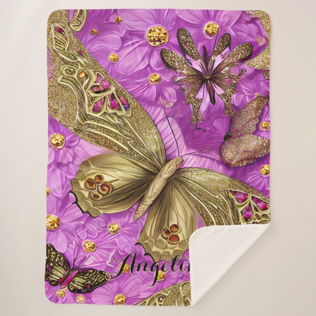 Gold Butterflies Pink Flowers Personalized Name Sherpa Blanket (Front)