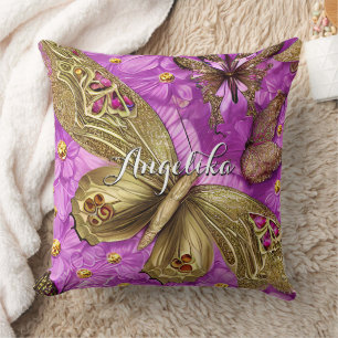 Gold Butterflies Pink Flowers Personalized Name Throw Pillow