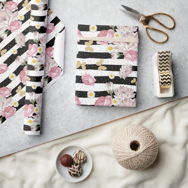 Gold Butterflies Roses Daisies Floral Pattern Gift Wrapping Paper (Crafts)