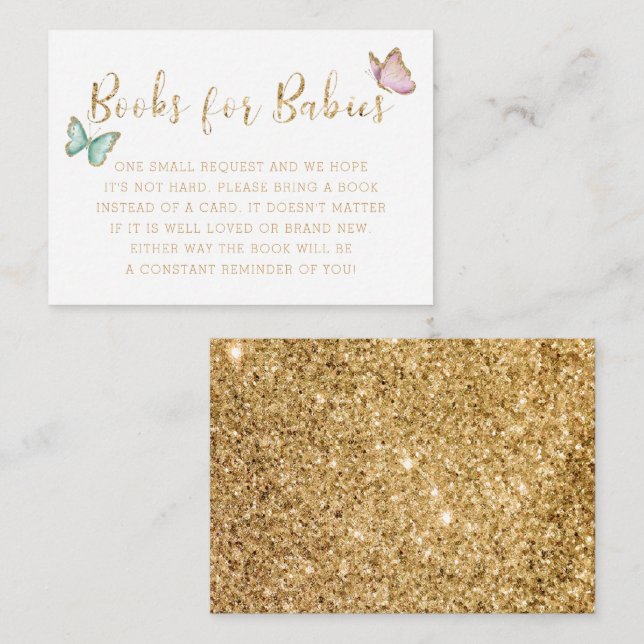 Gold Butterflies TWINS Baby Shower Book Request En Enclosure Card (Front/Back)