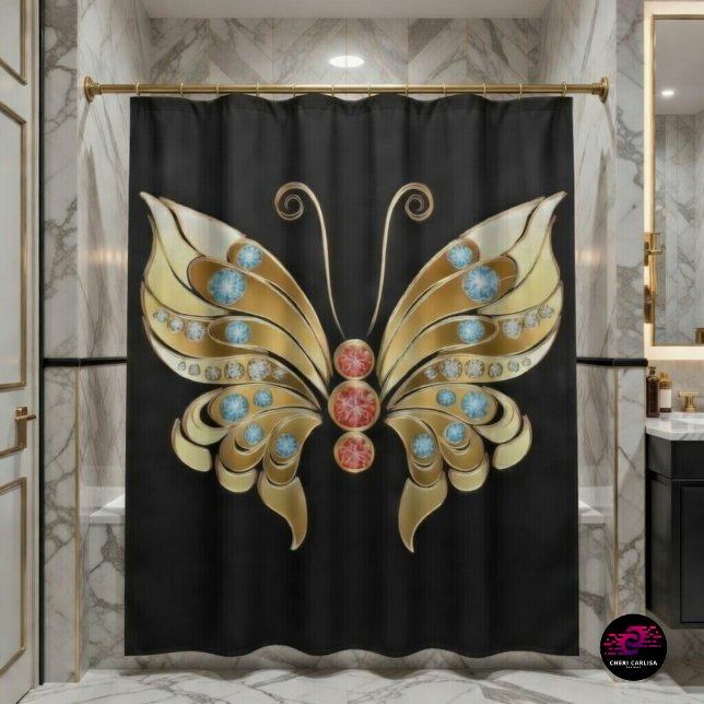 Gold Butterfly Adorned With Gems (Bold black and gold butterfly shower curtain for a luxe statement bathroom ✨🦋)