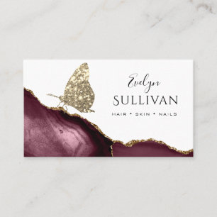 gold butterfly and burgundy agate business card