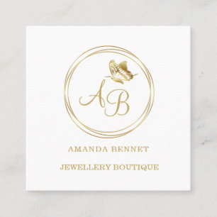 Gold butterfly, circle frame feminine monogram square business card