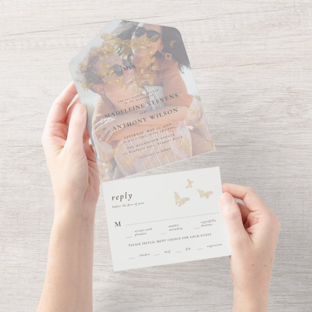 Gold Butterfly Elegant Romantic Photo One Wedding All In One Invitation (Tearaway)