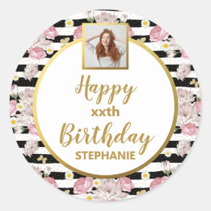 Gold Butterfly Floral Pattern Happy Birthday Photo Classic Round Sticker