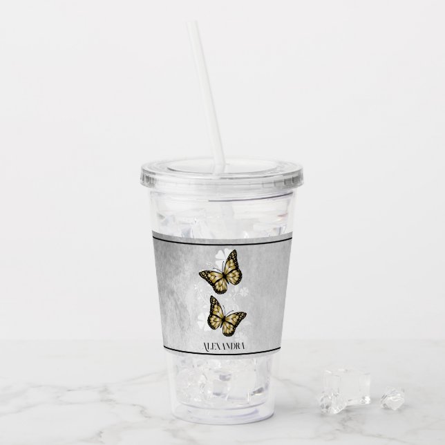 Gold Butterfly Floral Personalized Acrylic Tumbler (Front Ice)