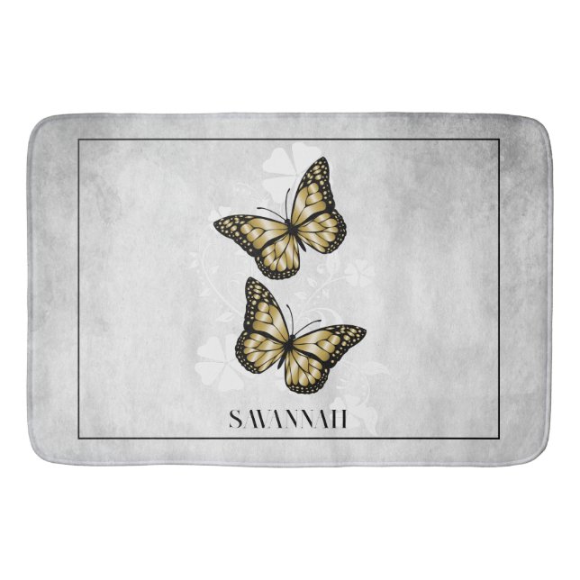 Gold Butterfly Floral Personalized Bath Mat (Front)
