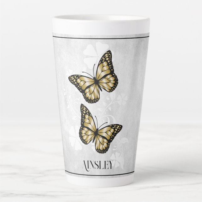 Gold Butterfly Floral Personalized Latte Mug (Front)