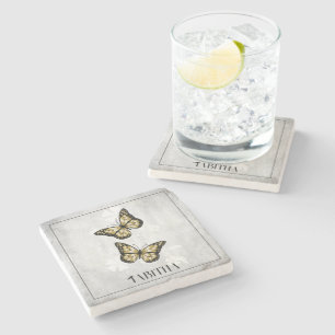 Gold Butterfly Floral Personalized Stone Coaster