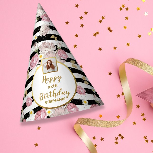 Gold Butterfly Floral Theme Happy Birthday Photo Party Hat (Creator Uploaded)