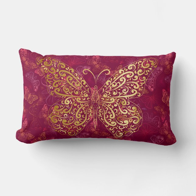 Gold Butterfly Flourish on Burgundy Magenta Accent Lumbar Pillow (Front)