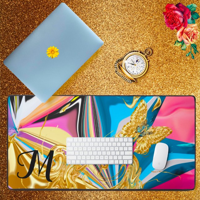 Gold Butterfly Flower Monogram Liquified Abstract  Desk Mat (Creator Uploaded)