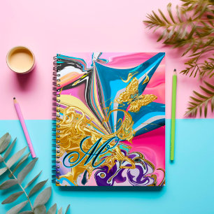 Gold Butterfly Flower Monogram Liquified Abstract Notebook