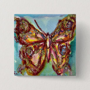 GOLD BUTTERFLY IN BLUE 2 INCH SQUARE BUTTON