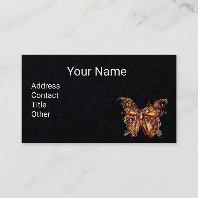 GOLD BUTTERFLY IN BLUE Black Paper Business Card (Front)