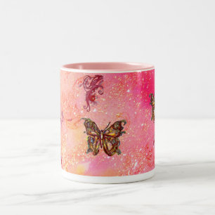 GOLD BUTTERFLY IN SPARKLES 2 pink red Two-Tone Coffee Mug