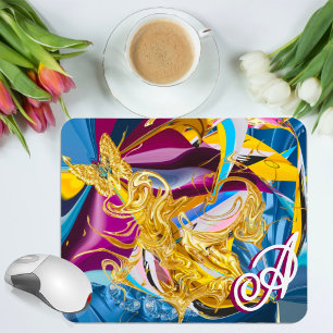 Gold Butterfly Jewel Tone Monogram Liquid Abstract Mouse Pad