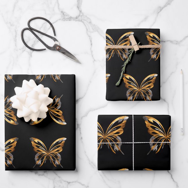 Gold butterfly on black background Wrapping Paper  (Front)