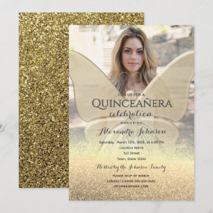 Gold Butterfly Photo Quinceañera Invitation