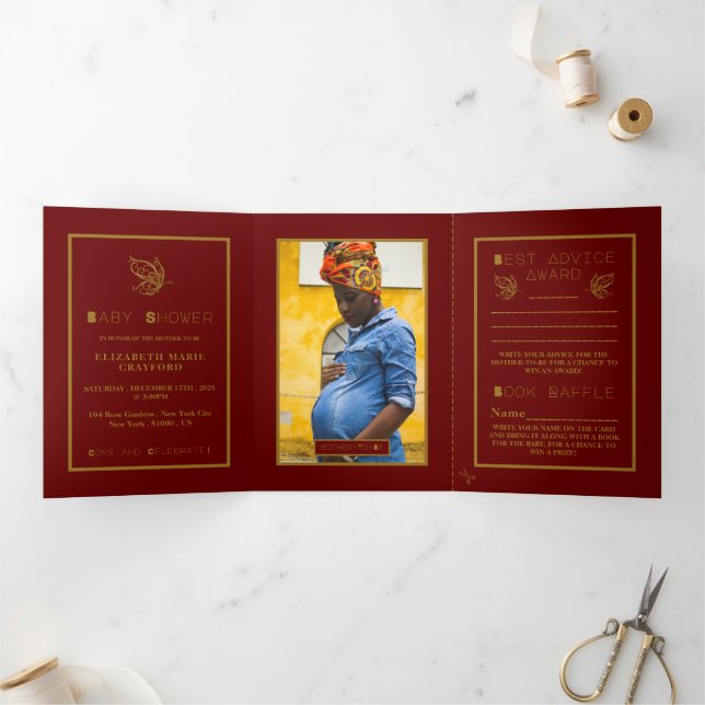 Gold Butterfly, Red & Gold Baby Shower Suite Tri-Fold Invitation (Inside)