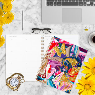 Gold Butterfly Swirl Pink Monogram Liquid Abstract Planner