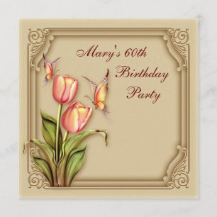 Gold Butterfly Tulips Elegant 60th Birthday Party Invitation