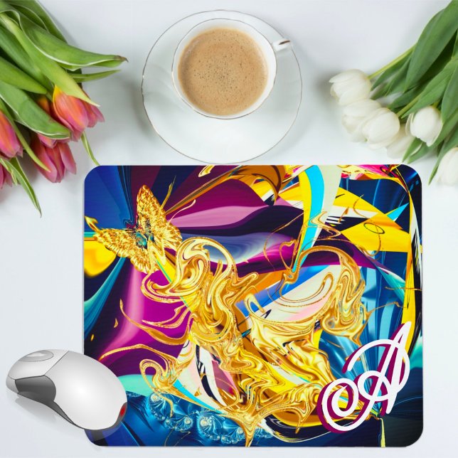 Gold Butterfly Vibrant Monogram Liquid Abstract Mouse Pad (Creator Uploaded)