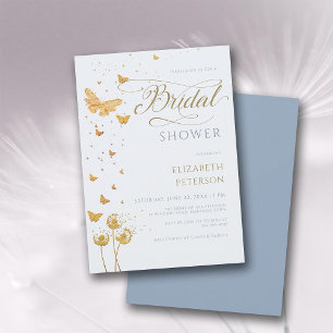 Gold Butterfly Wildflowers Boho Blue Bridal Shower Invitation
