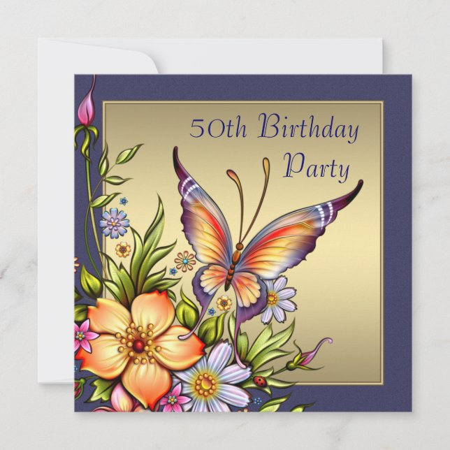 Gold Butterfly Womans 50th Birthday Party Invitation (Front)